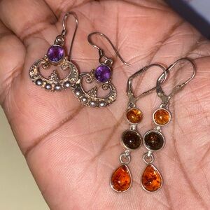 925 Amethyst & Baltic Amber Dangle Earrings, Sterling silver lot
